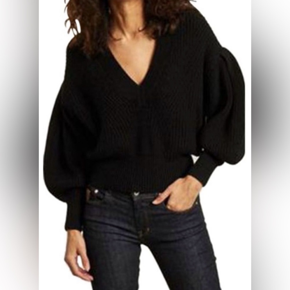 IRO Jamys Cashmere Cotton Blend V-Neck Sweater Puff Shoulder Black Small